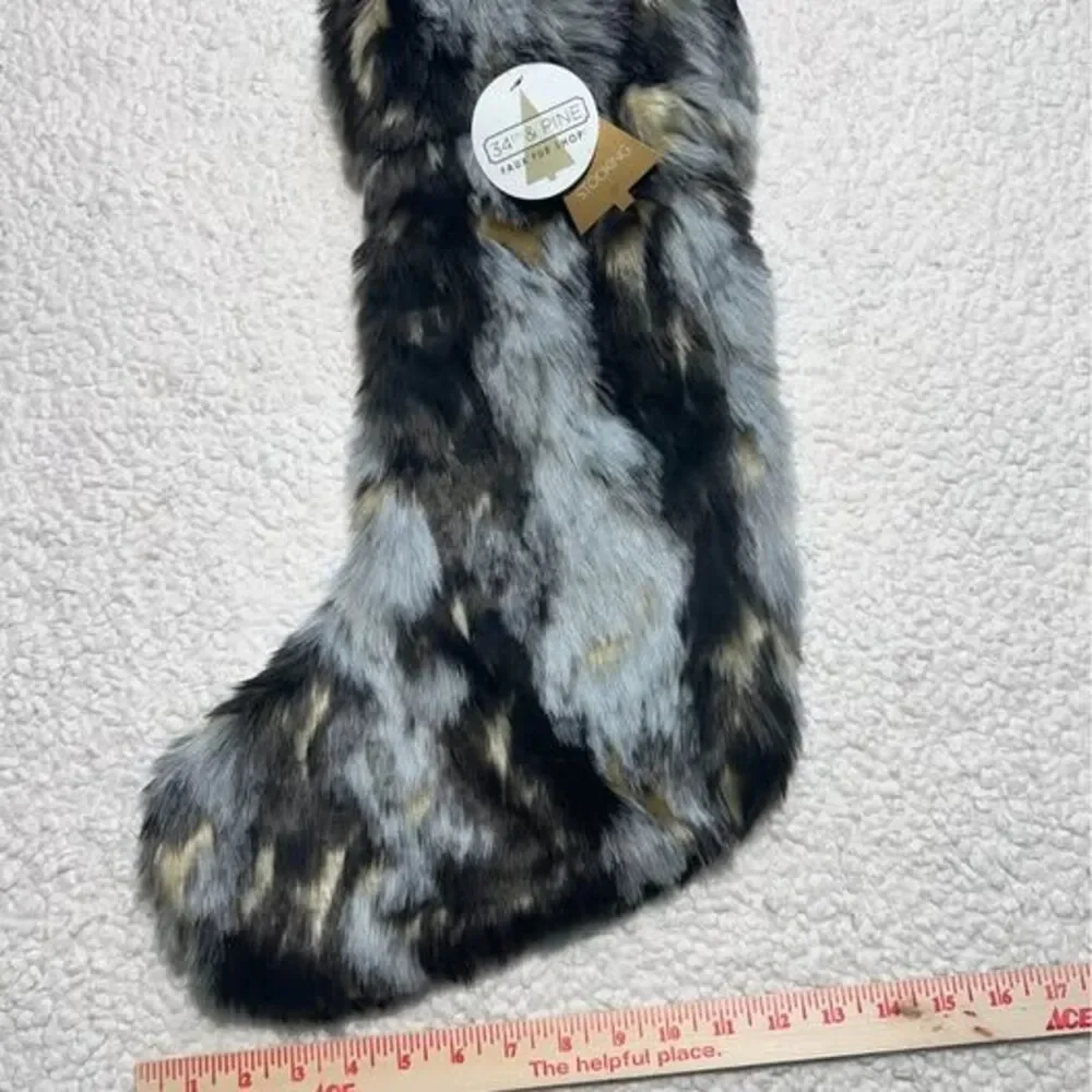 NEW 34th & Pine Faux Fur Christmas Stocking - Luxury Gray & Gold